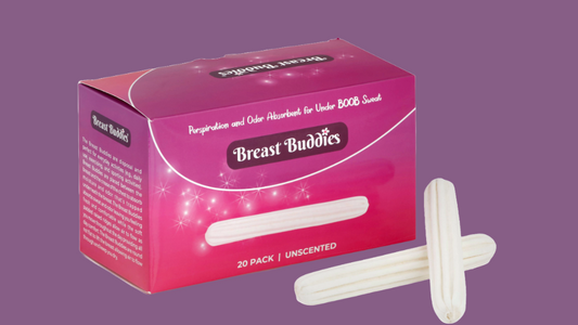 Box of Breast Buddies disposable sweat-absorbing pads for under breast moisture protection with two pads shown in front.