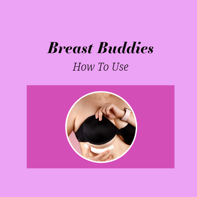 Woman showing how to place the Breast Buddies underneath the breast and chest wall.